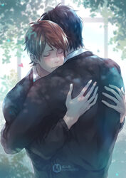  2boys artist_name black_hair black_sweater blush brown_hair closed_eyes closed_mouth collared_shirt day from_behind greenhouse heart height_difference hug indoors kashima_yuu_(yarichin_bitch-bu) long_sleeves male_focus minoru_(minoru_uwutemp) multiple_boys plant school_uniform shirt short_hair standing sweater toono_takashi upper_body white_shirt window yaoi yarichin_bitch-bu 