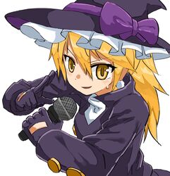  1boy black_gloves black_hat black_jacket blonde_hair bow commentary_request cookie_(touhou) genderswap_(ftm) gloves hair_between_eyes hat hat_bow highres holding holding_microphone jacket kirisame_marisa long_hair looking_at_viewer male_focus microphone nob1109 open_mouth otoko_no_ko purple_bow rei_(cookie) rule_63 simple_background solo touhou upper_body white_background witch_hat yellow_eyes 