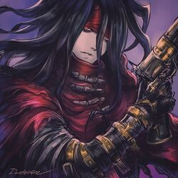  1boy black_hair cloak final_fantasy final_fantasy_vii frown glaring gloves gun headband long_hair male_focus messy_hair pale_skin red_cloak red_eyes red_headband revolver rousteinire torn_clothes vincent_valentine weapon 