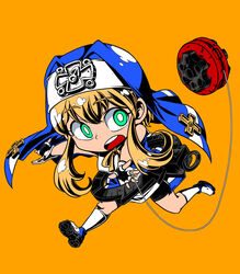  1boy bike_shorts black_gloves blonde_hair bridget chibi commentary_request cross cuffs fingerless_gloves gloves green_eyes guilty_gear guilty_gear_xx habit handcuffs highres latin_cross looking_at_viewer male_focus mars_symbol nun open_mouth otoko_no_ko short_hair_with_long_locks solo suparu_(detteiu) yo-yo 