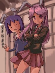  ._. 2girls :3 animal_ears black_jacket blurry blurry_background closed_mouth commentary_request cookie_(touhou) cowboy_shot crossed_arms fake_hisui_(cookie) highres hisui_(cookie) jacket long_hair looking_at_viewer multiple_girls necktie nob1109 pink_skirt purple_eyes purple_hair purple_shirt rabbit_ears red_necktie reisen_udongein_inaba shirt short_hair skirt smile thighhighs touhou v white_legwear white_shirt 