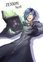  1boy black_coat_(kingdom_hearts) blue_eyes blue_hair book character_name cloak gloves gogo_(detteiu_de) highres kingdom_hearts kingdom_hearts_chain_of_memories male_focus organization_xiii simple_background solo white_background zexion 