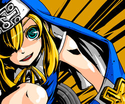  1boy blonde_hair blue_dress bow bridget dress green_eyes guilty_gear guilty_gear_xx habit looking_at_viewer male_focus mars_symbol nun open_mouth otoko_no_ko ribbon short_hair_with_long_locks smile solo suparu_(detteiu) yellow_bow yellow_ribbon 