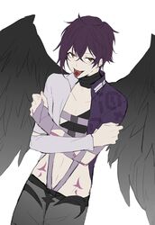  1boy black_hair black_wings brown_eyes crossed_arms dance_with_devils fallen_angel feathered_wings jacket male_focus multicolored_clothes multicolored_jacket natsumezaka_shiki open_clothes open_jacket pants purple_jacket qi7pi short_hair solo tongue tongue_out white_background white_jacket wings 