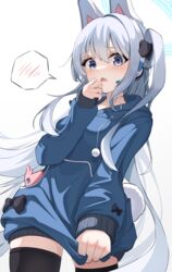  animal_ears black_bow black_thighhighs blue_archive blue_halo blue_hoodie blush bow cellphone clothes_tug commentary cowboy_shot drawstring fake_animal_ears fake_tail female hairbow halo headgear headset highres hood hoodie hoodie_tug long_hair long_sleeves looking_at_viewer microphone miyako_(blue_archive) one_side_up parted_lips phone pom_pom_(clothes) purple_eyes rabbit_ears rabbit_tail revision shijima_(shijima_tc) simple_background sleeves_past_wrists smartphone smartphone_case solo speech_bubble spoken_blush tail thighhighs very_long_hair white_background white_hair 