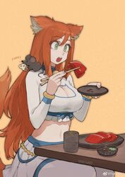  absurdres animal_ears animal_on_shoulder artist_name breasts brown_hair cat_cutout cheese chopsticks cleavage_cutout clothing_cutout commission cowboy_shot crop_top cup eating female food green_eyes hair_between_eyes highres holding holding_chopsticks holding_food holding_plate jenna_lynn_meowri jun_(navigavi) long_hair long_sleeves midriff mouse_(animal) mouse_on_shoulder navel open_mouth orange_background original plate pleated_skirt sidelocks simple_background sitting skirt solo table tail upper_body very_long_hair weibo_logo weibo_watermark white_skirt 