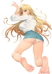  absurdres ass barbell_piercing barefoot blonde_hair blue_skirt breasts commentary commission earrings feet female foot_focus from_behind gradient_hair highres hongcasso jewelry kitagawa_marin korean_commentary large_breasts long_hair multicolored_hair panties piercing red_eyes red_hair shirt sideboob skirt soles solo sono_bisque_doll_wa_koi_wo_suru swept_bangs toes underbutt underwear white_background white_panties white_shirt 