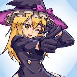  black_gloves black_hat black_jacket blonde_hair blue_background bow commentary_request cookie_(touhou) female gloves hair_between_eyes hat hat_bow highres jacket kirisame_marisa long_hair looking_at_viewer nob1109 one_eye_closed open_mouth pointing pointing_forward purple_bow rei_(cookie) solo touhou upper_body v v_over_eye yellow_eyes 