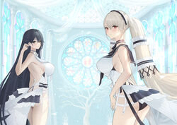  2girls absurdres armpits ass azur_lane backless_dress backless_outfit bare_arms bare_shoulders bare_tree black_choker black_hair black_panties blush breasts brown_eyes choker church closed_mouth cowboy_shot dress formidable_(azur_lane) formidable_(timeless_classics)_(azur_lane) hairband hand_up highres indomitable_(azur_lane) indoors large_breasts layered_dress long_hair looking_at_viewer looking_back mamima multiple_girls official_alternate_costume panties pantyshot red_eyes sideboob stained_glass tree twintails underwear very_long_hair white_choker white_dress white_hairband 