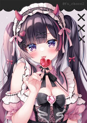  akuma-chan_(mitsuba_choco) bare_shoulders black_hair blush breasts broken_heart candy cleavage commentary_request detached_sleeves female food frilled_hairband frills gradient_hair grey_background hair_ornament hairband hairclip heart heart-shaped_lollipop heart_hair_ornament holding holding_candy holding_food holding_lollipop horns lollipop long_hair looking_at_viewer medium_breasts mitsuba_choco multicolored_hair original pink_hairband pink_shirt pink_sleeves puffy_short_sleeves puffy_sleeves purple_eyes purple_hair shaped_lollipop shirt short_sleeves solo tongue tongue_out twintails twitter_username upper_body very_long_hair x_hair_ornament 