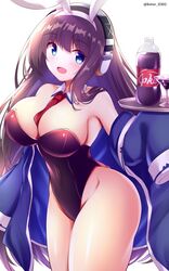  :d animal_ears azur_lane bare_legs black_hair blue_eyes blush breasts cleavage coca-cola cocktail_glass cola commentary_request cup drinking_glass fake_animal_ears female glass headphones highres jacket kamishiro_(rsg10679) large_breasts long_hair long_island_(azur_lane) necktie open_clothes open_jacket open_mouth oversized_clothes playboy_bunny rabbit_ears smile soda_bottle solo tray very_long_hair 