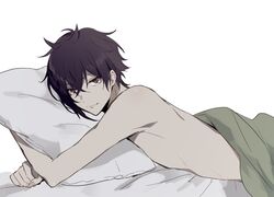  1boy brown_eyes closed_mouth completely_nude dance_with_devils hugging_object looking_at_viewer lying male_focus natsumezaka_shiki nude on_stomach pillow pillow_hug purple_hair qi7pi short_hair smile solo under_covers white_background 