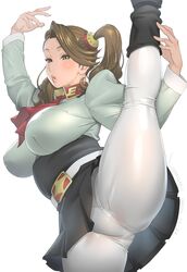  artist_name ascot belt black_footwear boots breasts brown_eyes brown_hair commentary_request dated female forehead gundam gundam_build_fighters gundam_build_fighters_try hair_ornament highres kotoyoshi_yumisuke large_breasts panties pantyhose parted_lips red_ascot sazaki_kaoruko simple_background skirt solo split standing standing_on_one_leg standing_split thick_thighs thighs twintails underwear white_panties 