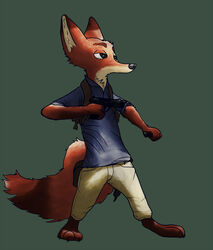  anthro backpack blue_clothing canid canine clothing disney ears_up famished_(artist) fox green_background gun hi_res male mammal naughty_dog nick_wilde pointing_gun ranged_weapon red_fox simple_background solo sony_corporation sony_interactive_entertainment standing true_fox uncharted weapon zootopia 