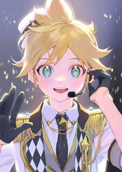  1boy aiguillette black_gloves black_necktie blonde_hair blue_eyes close-up commentary epaulettes formal gloves half_gloves hand_on_headset headset kagamine_len looking_at_viewer male_focus microphone more_more_jump!_(project_sekai) more_more_jump!_len naoko_(naonocoto) necktie open_mouth project_sekai short_hair solo suit teeth upper_body vocaloid white_headwear 