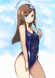  bare_shoulders blue_eyes blue_sky breasts brown_hair closed_mouth cloud collarbone covered_navel covered_nipples cowboy_shot day female hair_ornament hand_on_own_thigh hand_up highres johan_(johan13) long_hair looking_at_viewer lumia_waber outdoors phantasy_star phantasy_star_portable_2 sky small_breasts solo straight_hair thighs 