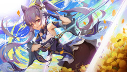  ass clouds flowers genshin_impact keqing_(genshin_impact) long_hair moonofmonster sky sword twintails weapon 