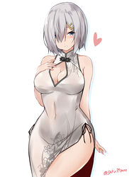  absurdres blue_eyes blush breasts china_dress chinese_clothes closed_mouth covered_navel dress female grey_hair hair_ornament hairclip hamakaze_(kancolle) highres kantai_collection large_breasts looking_at_viewer looking_up one-hour_drawing_challenge saku_(kudrove) short_hair simple_background smile solo twitter_username white_background 