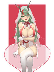  armlet artist_name blush breast_hold breasts cleavage crossed_legs dragon_girl dragon_horns earrings eyelashes eyeshadow female furrowed_brow gloves green_eyes green_hair hair_between_eyes half-closed_eyes heart heart-shaped_pupils highres hoop_earrings horns itoucon jewelry large_breasts lips lipstick long_hair looking_at_viewer makeup multicolored_hair original red_hair revealing_clothes signature sitting solo symbol-shaped_pupils thighhighs thighs tongue tongue_out two-tone_hair veil white_gloves white_thighhighs 