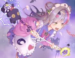  :d apron character_doll detached_sleeves double_bun female grey_hair hair_bun hair_ornament hairclip harapeko_zombie_inu highres holding holding_staff hololive jacket lolita_fashion long_hair magic magical_girl maid_headdress multicolored_hair murasaki_shion murasaki_shion_(magical_girl_maid) official_alternate_costume pink_hair pink_jacket purple_hair shiokko_(murasaki_shion) sleeveless smile solo staff streaked_hair stuffed_animal stuffed_cat stuffed_toy sweet_lolita triangle_hair_ornament v-shaped_eyebrows virtual_youtuber w_arms white_apron yellow_eyes 