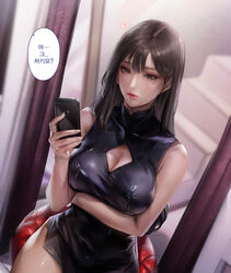  absurdres arm_under_breasts bad_id bad_pixiv_id bare_shoulders breasts brown_eyes brown_hair cellphone china_dress chinese_clothes cleavage cleavage_cutout clothing_cutout commentary_request curtains dress female has_bad_revision has_downscaled_revision highres holding holding_phone iphone kidmo korean_commentary korean_text large_breasts long_hair md5_mismatch original phone resolution_mismatch sitting sleeveless sleeveless_dress smartphone solo source_smaller speech_bubble thighs translation_request 