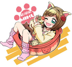  :3 animal_ears brown_hair calico cat_ears character_name closed_eyes commentary_request dated emu_(toran) feline female flower green_eyes hair_flower hair_ornament idolmaster idolmaster_cinderella_girls jewelry maekawa_miku necklace no_shoes oerba_yun_fang one_eye_closed open_mouth paw_print pink_socks short_hair socks solo unmoving_pattern 