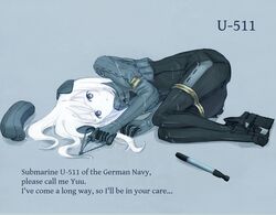  :c blue_background character_name commentary_request cropped_jacket english_text female fetal_position full_body garrison_cap gloves hat kantai_collection legs_together long_hair looking_at_viewer lying military military_uniform monochrome on_side plantar_flexion shimesaba_(simesabaikka) simple_background solo spot_color torpedo u-511_(kancolle) uniform unworn_hat unworn_headwear wet wet_clothes 