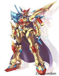  cape commentary_request gundam highres knight mecha no_humans photoshop_(medium) robot sd_gundam sd_gundam_gaiden simple_background single_wing spikes sword takamaru_(taka1220) talons weapon white_background wings 