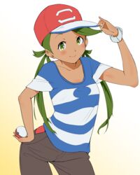  arm_up ash_ketchum_(cosplay) baseball_cap black_pants blue_shirt bracelet closed_mouth collarbone commentary_request contrapposto cosplay cowboy_shot female gradient_background hand_on_headwear hat holding holding_poke_ball jewelry long_hair looking_at_viewer low_twintails mallow_(pokemon) ninchan pants poke_ball poke_ball_(basic) pokemon pokemon_(anime) pokemon_sm_(anime) red_hat satoshi_(pokemon) shirt short_sleeves smile solo standing striped_clothes striped_shirt swept_bangs twintails white_background 