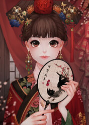  animal_print antweiyi bad_id bad_pixiv_id blunt_bangs blurry branch brown_eyes brown_hair butterfly_hair_ornament chinese_clothes chinese_zodiac closed_mouth curtains dalachi_(headdress) depth_of_field earrings eyelashes female fingernails firecrackers floral_print flower gem hair_flower hair_ornament hand_fan hand_fan_writing holding holding_fan indoors jewelry lattice light_smile lips long_sleeves looking_at_viewer original photoshop_(medium) tassel tuanshan upper_body wide_sleeves window year_of_the_rooster 