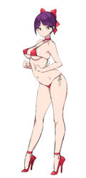  bangs bikini blunt_bangs breasts choker cleavage female full_body gegege_no_kitarou green_eyes hair_ribbon high_heels large_breasts micro_bikini nekomusume nekomusume_(gegege_no_kitarou_6) parted_bangs poin_(hidsuki) purple_hair red_bikini red_choker red_ribbon ribbon short_hair side-tie_bikini solo standing swimsuit white_background 