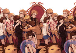  2boys blonde_hair brown_hair commentary_request earrings fate/extra fate/extra_ccc fate_(series) gilgamesh_(excited_swimmer)_(fate) gilgamesh_(fate) gilgamesh_(modern_costume_of_volupte)_(fate) jewelry kishinami_hakuno_(male) male_focus mpn multiple_boys necklace official_alternate_costume red_eyes smile throne 