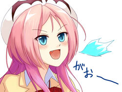  aqua_eyes blazer breasts breath_weapon breathing_fire commentary_request dra+koi female fire hat heroine_(dra+koi) jacket kearuga large_breasts long_hair looking_at_viewer oerba_yun_fang open_mouth pink_hair school_uniform slit_pupils smile solo 