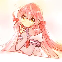  akashi_(kancolle) bad_id bad_pixiv_id crossed_arms female hair_ribbon heart kantai_collection long_hair natsumi_(natumi06) pink_hair ribbon smile solo very_long_hair yellow_eyes 