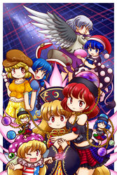  6+girls :3 :d ;d american_flag_dress animal_ears bare_shoulders blob blonde_hair blue_dress blue_eyes blue_hair blush blush_stickers book breasts chains cleavage closed_eyes clothes_lift clothes_writing clownpiece collar commentary_request dango doremy_sweet dream_soul dress earclip earth_(ornament) english_text eyebrows fairy_wings flat_cap floppy_ears food frilled_shirt_collar frills grey_hair hat hecatia_lapislazuli hecatia_lapislazuli_(earth) hecatia_lapislazuli_(moon) highres holding_hands jester_cap junko_(touhou) kine kishin_sagume legacy_of_lunatic_kingdom long_hair long_sleeves mallet medium_breasts midriff moon_(ornament) multiple_girls multiple_persona nightcap nitamago one_eye_closed open_mouth orange_shirt pom_pom_(clothes) puffy_sleeves purple_eyes rabbit_ears red_eyes red_hair ringo_(touhou) seiran_(touhou) shirt short_hair short_sleeves single_wing skirt skirt_lift smile t-shirt tail tapir_tail torch touhou v-shaped_eyebrows wagashi wide_sleeves wings 