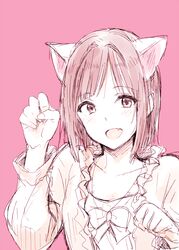  animal_ears cat_ears commentary_request female idolmaster idolmaster_cinderella_girls maekawa_miku napata oerba_yun_fang paw_pose pink_background pink_theme short_hair smile solo 