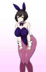  active_raid amano_madoka_(active_raid) animal_ears bare_shoulders black_eyes black_hair bow breasts brown_pantyhose commentary_request curvy detached_collar fake_animal_ears female gabao_(mattari_2019) hands_on_own_thighs large_breasts leotard pantyhose playboy_bunny rabbit_ears rabbit_tail short_hair solo tail wide_hips wrist_cuffs 