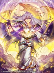  belt blue_eyes book book_of_naga bracelet cape company_connection copyright_name detached_sleeves dragon dress female fire_emblem fire_emblem:_genealogy_of_the_holy_war fire_emblem_cipher jewelry julia_(fire_emblem) long_dress long_hair long_sleeves magic naga_(fire_emblem) official_art purple_hair umiu_geso very_long_hair wide_sleeves 