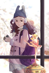  antweiyi bag ballerina blue_hat blurry blurry_background brown_hair camera coat commentary earmuffs female handbag hat highres holding holding_camera long_hair looking_at_viewer original photoshop_(medium) scarf skirt snow solo white_skirt window 