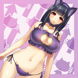  animal_ears arrow_(symbol) ass_visible_through_thighs beatmania_iidx bell black_bra black_hair black_panties blunt_bangs blush bra breasts cat_cutout cat_ear_panties cat_ears cat_lingerie choker cleavage cleavage_cutout clothing_cutout commentary_request dutch_angle eyeshadow facepaint female groin hinazuki_ririna jingle_bell km_(nijie104352) large_breasts long_hair looking_at_viewer makeup meme_attire navel neck_bell panties parted_lips photoshop_(medium) red_eyes side-tie_panties solo stomach underwear underwear_only 