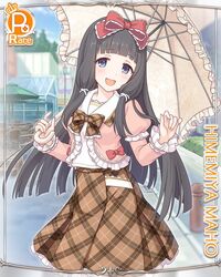  :d black_hair blunt_bangs blurry bow brown_skirt card_(medium) character_name cowboy_shot cygames day female framed frilled_sleeves frilled_umbrella frills hair_ornament hairbow hime_cut holding holding_umbrella juliet_sleeves lolita_fashion long_hair long_sleeves looking_at_viewer maho_(princess_connect!) maho_(real)_(princess_connect!) official_art open_mouth outdoors plaid plaid_ribbon plaid_skirt princess_connect! puffy_sleeves purple_eyes ribbon school_uniform skirt smile solo st._johanna&#039;s_private_girls_institute_school_uniform tareme umbrella w_arms x_hair_ornament 