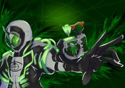  black_gloves commentary_request foreshortening gloves green_background highres kamen_rider kamen_rider_ghost_(series) kamen_rider_necrom outstretched_hand pionie 