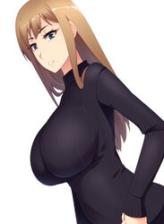  aqua_eyes breasts brown_hair commentary_request dutch_angle female hayashi_custom highres large_breasts long_hair long_sleeves original photoshop_(medium) ribbed_sweater sachiko_(hayashi_custom) solo sweater turtleneck upper_body 