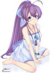  antenna_hair barefoot blue_eyes blush bow bracelet breasts commentary_request dress female hair_ribbon hairbow handsofmidaz jewelry long_hair looking_at_viewer medium_breasts pendant ponytail purple_hair ribbon ryuugajou_nanana ryuugajou_nanana_no_maizoukin sitting smile solo very_long_hair wariza 