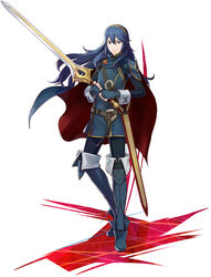  blue_eyes blue_gloves blue_hair cape falchion_(fire_emblem) female fingerless_gloves fire_emblem fire_emblem_awakening gloves highres holding holding_sword holding_weapon jewelry long_hair looking_at_viewer lucina_(fire_emblem) project_x_zone_2 simple_background solo sword thighhighs tiara weapon white_background 