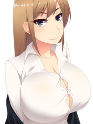  aqua_eyes breasts brown_hair bursting_breasts button_gap cleavage collarbone commentary_request female hayashi_custom highres large_breasts long_hair looking_at_viewer no_bra original photoshop_(medium) sachiko_(hayashi_custom) shirt smile solo upper_body 