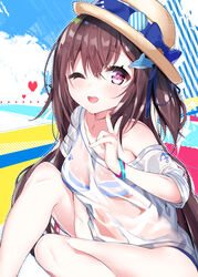  ;d absurdres anchor_symbol bare_shoulders bikini bikini_under_clothes blue_bow blue_ribbon blue_sky blush bow brown_hair brown_hat cloud collarbone commentary_request day dolphin_hair_ornament female hair_between_eyes hair_ornament hat hat_bow hat_ribbon heart highres index_finger_raised kamioka_shun&#039;ya long_hair marin_(kamioka_shun&#039;ya) off_shoulder one_eye_closed open_mouth original purple_eyes ribbon see-through shirt sitting sky smile solo sparkling_eyes striped_bikini striped_clothes swimsuit teeth upper_teeth_only very_long_hair wet wet_clothes wet_shirt white_shirt 