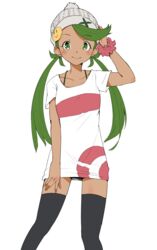  :&gt; absurdres alternate_costume arm_up badge beanie black_thighhighs blush button_badge closed_mouth collarbone commentary_request dark-skinned_female dark_skin feet_out_of_frame female green_eyes green_hair grey_hat hat highres legs_apart long_hair looking_at_viewer low_twintails mallow_(pokemon) ninchan no_pants pokemon pokemon_sm shirt short_sleeves simple_background smile smiley_face solo standing swept_bangs tareme thighhighs twintails very_long_hair white_background white_shirt zettai_ryouiki 