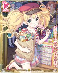  4girls bag beads blonde_hair blue_hair blush bow brown_hair candy candy_print candy_store card_(medium) character_name collarbone cygames food footwear_bow green_eyes hair_beads hair_ornament hair_ribbon hat holding holding_bag holding_candy holding_food holding_lollipop kyoka_(princess_connect!) kyoka_(real)_(princess_connect!) layered_skirt lollipop looking_at_viewer mimi_(princess_connect!) mimi_(real)_(princess_connect!) misogi_(princess_connect!) misogi_(real)_(princess_connect!) monika_weisswind multiple_girls official_art paper_bag pink_hair princess_connect! ribbon shirt shop short_sleeves skirt snack solo_focus standing standing_on_one_leg striped_clothes striped_shirt 