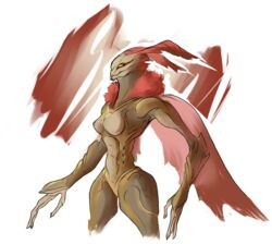  2014 3_fingers anthro arthropod breasts brown_body female fingers hair luminoth metroid metroid_prime metroid_prime_2 neck_tuft nintendo non-mammal_breasts red_background red_hair sharkrags simple_background solo tuft white_background wings yellow_eyes 